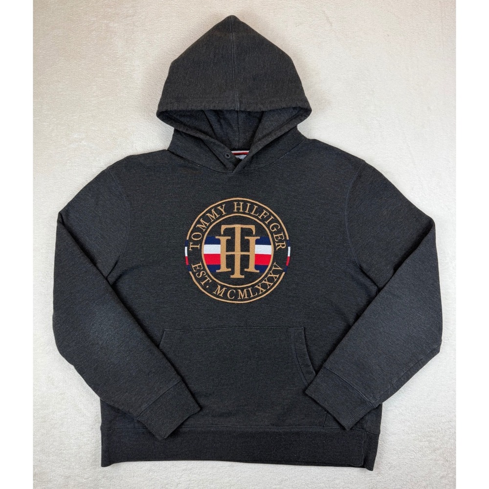 Tommy Hilfiger Mens Charcoal Grey Crest Logo Embroidered Pullover Hoodie Large‎
